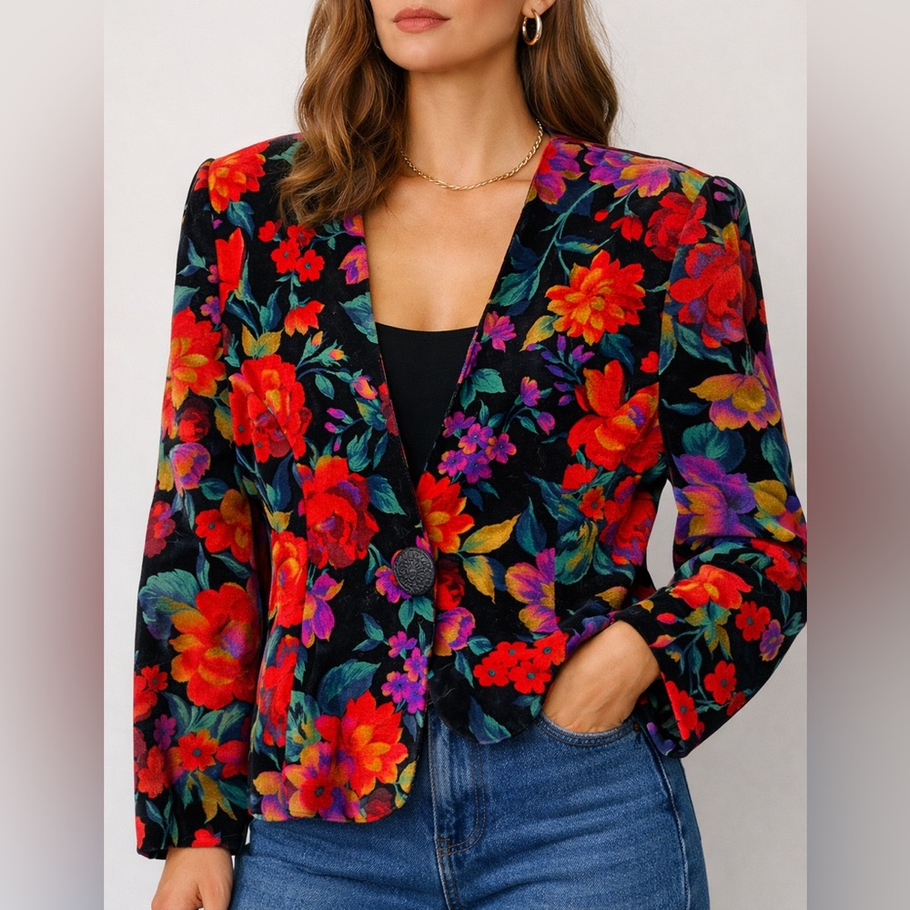 Vintage 90s Braemar Velvet Floral Power Blazer w/ Shoulder Pads